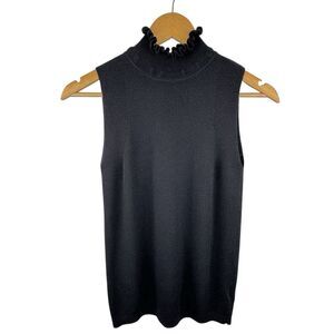 Banana Republic 100% Merino Wool Sleeveless Tank M Black Ruffle Mock Neck Career